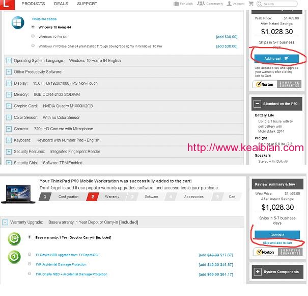 选配好后，点击右上的Add to cart按钮，加入购物车；然后字点击Skip and add to cart