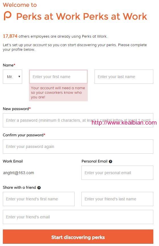 Let's set up your account so you can start discovering your perks. Please complete your profile below.