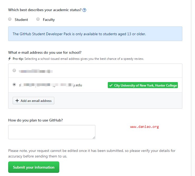 GitHub 学生开发工具包申请 – 认证方式：校园邮箱，学生证等