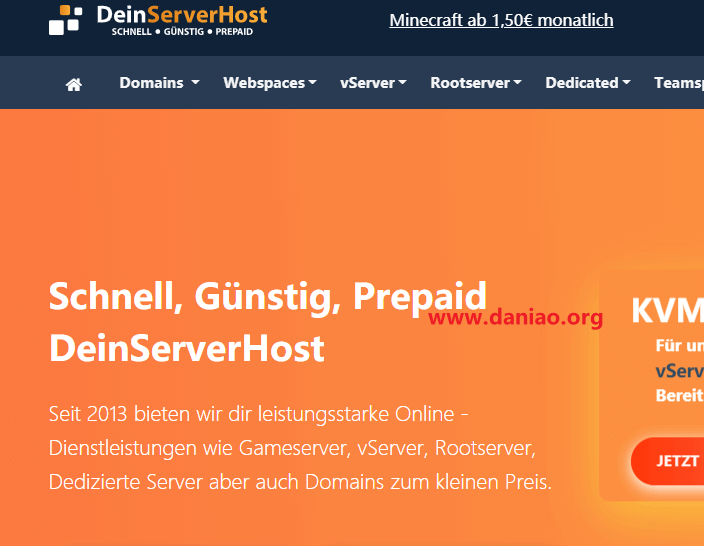 deinserverhost，德国vps(可添加hdd大硬盘)，3€/月，1核/1G内存/10gbSSD/1G带宽/2T流量