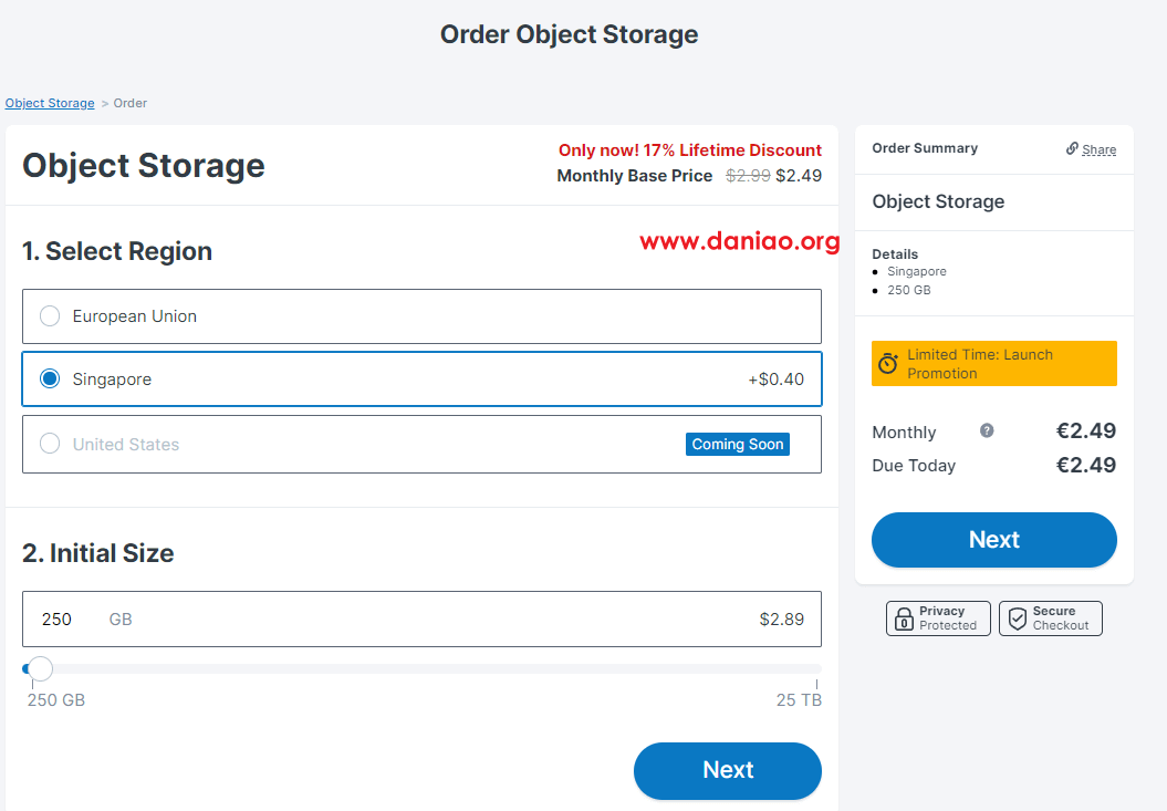Contabo，不限流量对象存储( Object Storage)，限时8折终身优惠，$2.49(250G/月)，可选德国/美国/新加坡