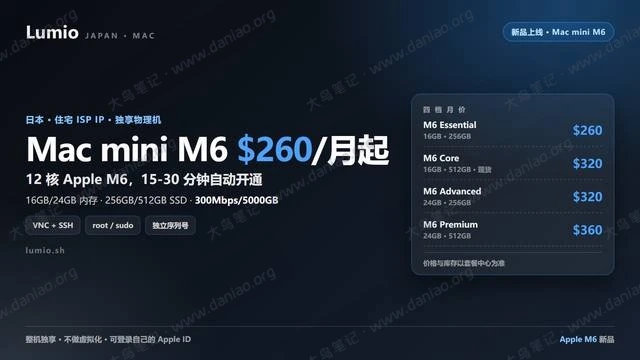 Lumio 日本 Mac mini M6(日本住宅 ISP):独享实体机 $260/月起,300Mbps带宽/5000GB流量-大鸟笔记